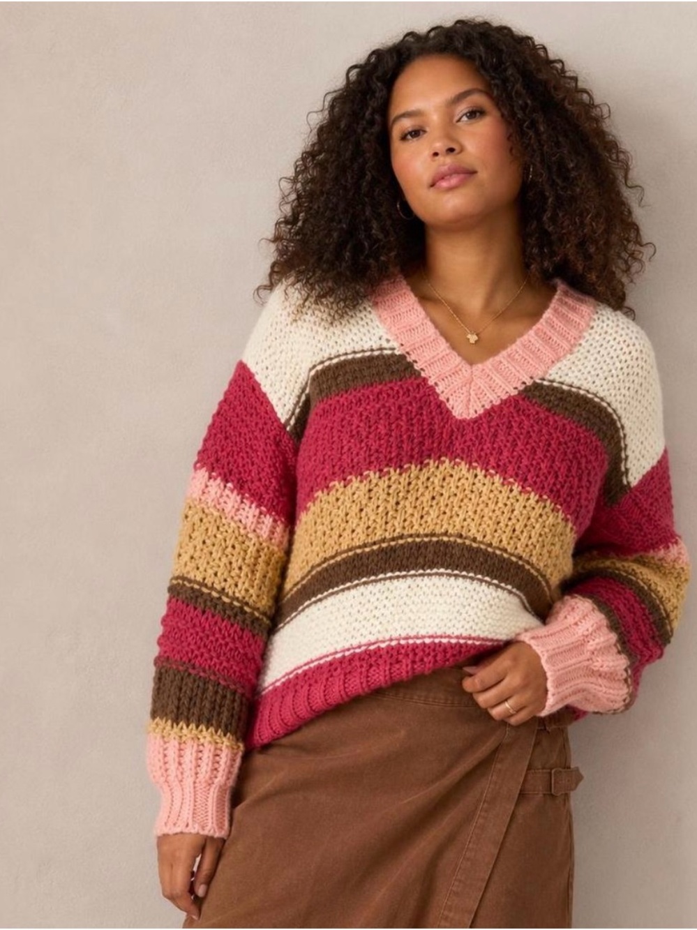 ARULA V-Neck Striped Sweater in Pink, Cream & Brown